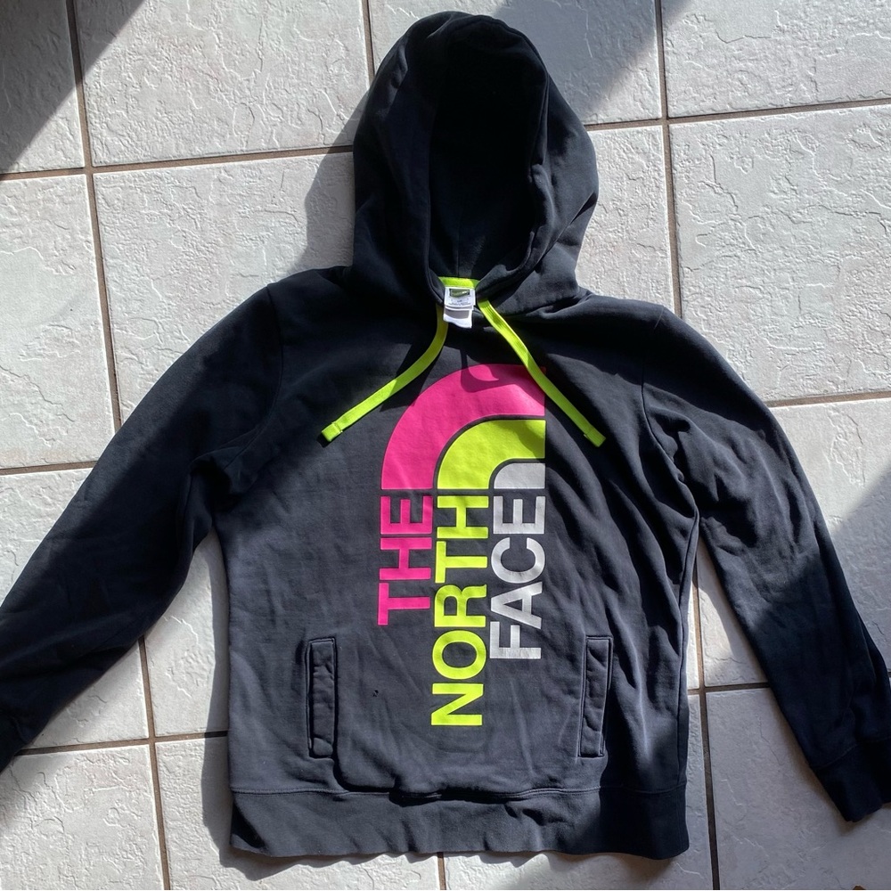 The North Face Black Hoodie with Pink and Neon Yellow Logo
